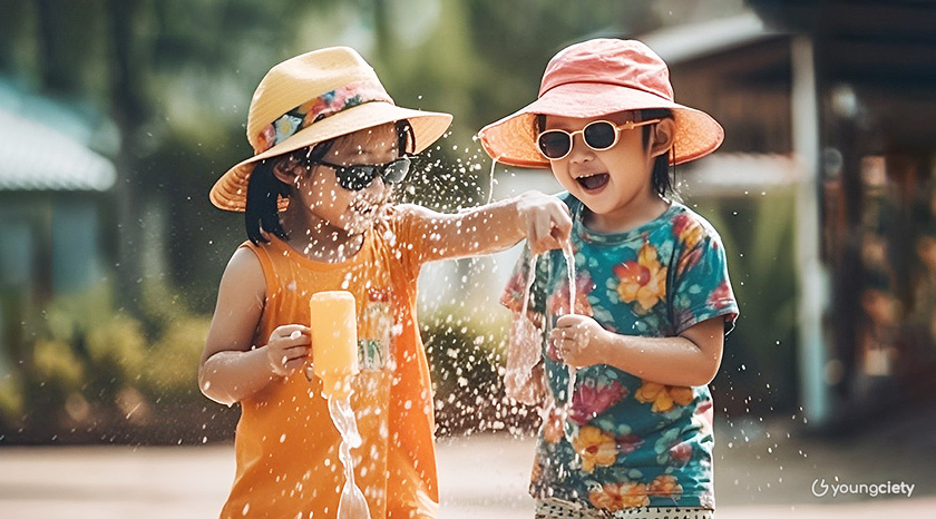 บรรยากาศการเล่นน้ำสงกรานต์ของเด็ก ๆ (ภาพนี้สร้างด้วย AI : Midjourney)
