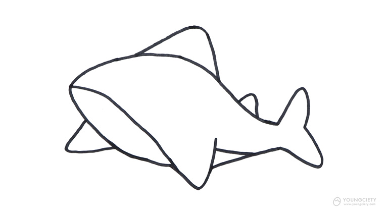 วาดเส้นโค้งให้เป็นท้องแล้วเติมตา ปาก และเหงือกูฉลาม