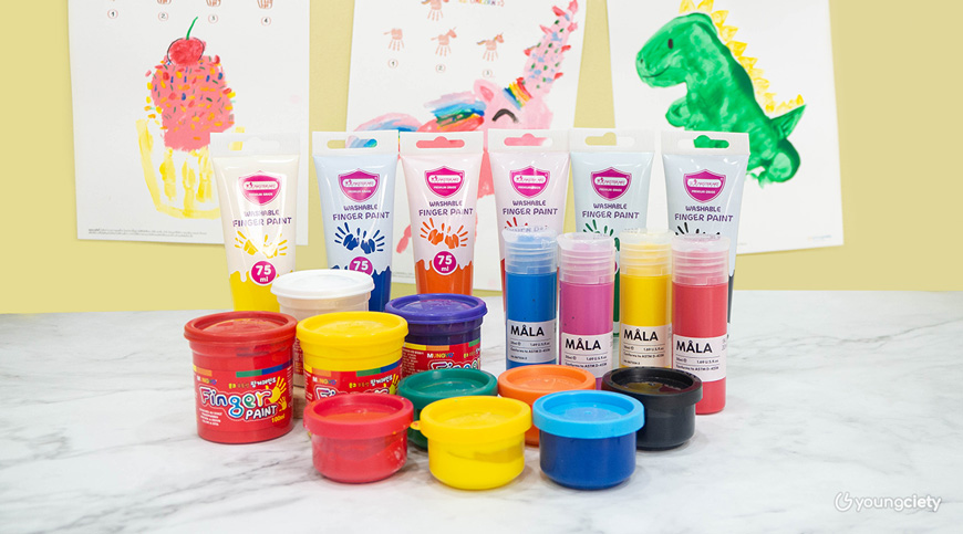 สีสำหรับเพ้นท์มือและเท้า finger paint ยีห้อ Master Art, IKEA, และ Mungyo